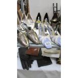 Six pairs of vintage ladies shoes, a pair of leather gloves, wallets etc.