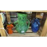 Three Studio pottery multi handled vases, green vase a/f, other two signed Baron Barntuph.