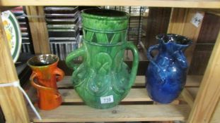 Three Studio pottery multi handled vases, green vase a/f, other two signed Baron Barntuph.