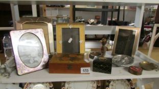 A mixed lot including Mauchlin war tartan box, novelty erotic ash tray, photo frames etc.