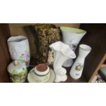 Five assorted vases, a jam pot and a cup & saucer.
