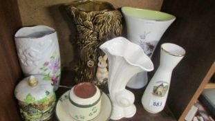 Five assorted vases, a jam pot and a cup & saucer.