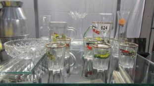 A mixed lot of glass ware including examples decorated with vintage cars.