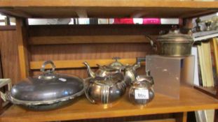 A silver plate tea set, tureen and kettle.