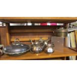 A silver plate tea set, tureen and kettle.