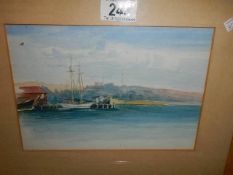 A watercolour of a coastal scene with tall ships