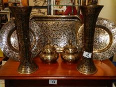 A selection of heavy Indian brassware black inlaid,