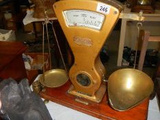 A set of scales, class tower with Shuttleworth branding and set of weights,
