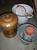 A quantity of misc metalware including galvanized bucket, large enamel wash bowl,