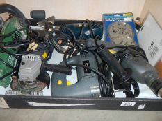 A box of electric hand tools including Black and Decker heat gun (untested)