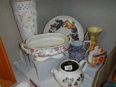 A quantity of mixed china/pottery includes a Denby teapot