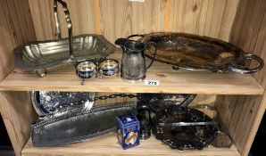 2 shelves of silver plate items including salts and cake stands
