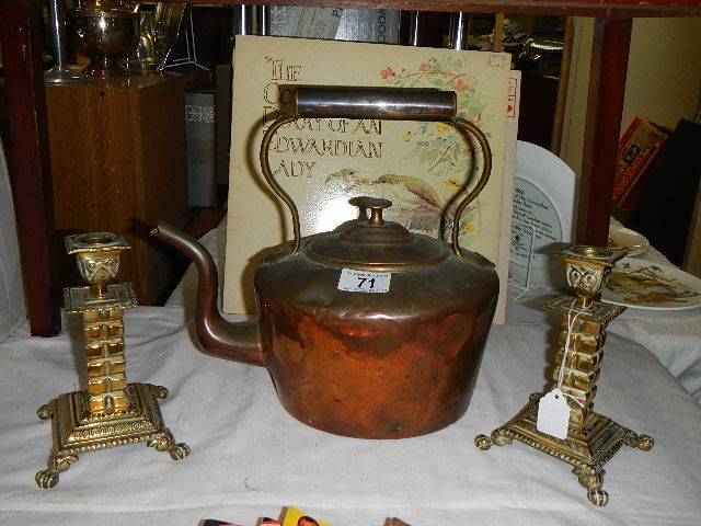 A Victorian copper kettle and pair of brass candlesticks - Image 2 of 2