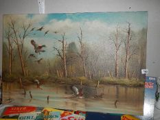 A large oil on canvas 'Mallard ducks over water in woodland' collect only