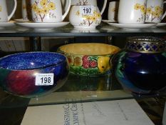 Maling' lustre ware bowl and similar style posy vase plus a majolica style fruit bowl a/f