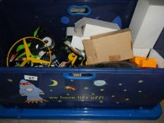 Large box of mixed toys including diecast Hotwheels, Corgi,