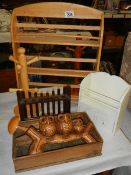 A mixed lot of wooden items including pipe rack, owls,