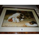 A framed and glazed print of dog with puppies