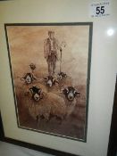 A print of a shepherd with long horn sheep, framed and glazed,
