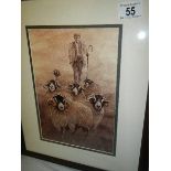 A print of a shepherd with long horn sheep, framed and glazed,