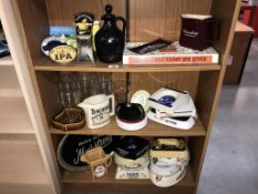 3 shelves of pub breweriana including ashtrays, jugs & drip tray etc.