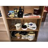 3 shelves of pub breweriana including ashtrays, jugs & drip tray etc.