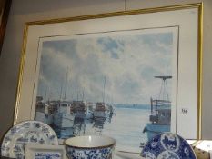 A large framed and glazed harbour scene.