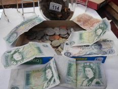 Haigs bottle of half pence pieces and tray of mixed UK coins and banknotes