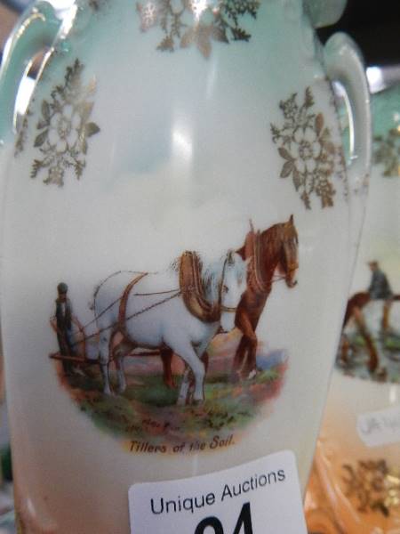 A pair of vintage Austrian porcelain vases with working horses images - Image 2 of 4