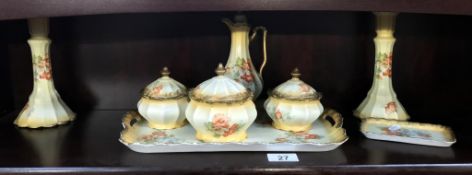 An Edwardian porcelain trinket set decorated with flowers (on tray)