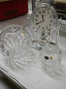 2 lead crystals round vases/posy bowls and a Rhythm clock