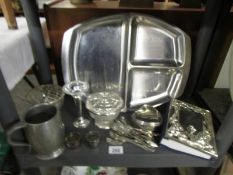 A mixed lot of silver plate and a stainless steel dish.