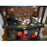 2 shelves of breweriana including ashtrays, bottle stoppers, jugs,