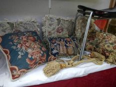 A quantity of good quality tapestry cushions (including 3 Laura Ashley) and curtain tie backs.