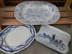 A large 19/20c blue and white meat platter plus one other and a Delft style tray