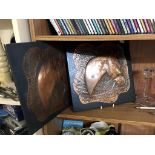 2 hammered copper plaques of a horses