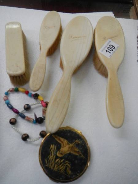 Bone handled dressing table brushes and powder compact etc