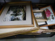 A box of assorted pictures including two watercolours.