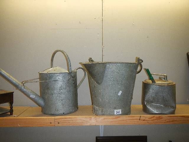 A galvanized watering can, spouted bucket and one other item.