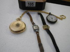 A silver fob watch a/f Quartz full hunter pocket watch & a 9ct gold ladies wristwatch & art deco