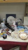 A mixed lot including boxed Aynsley cake plate, boxed commemorative mugs, fairy plates,
