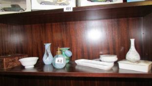 A mixed lot including Wedgwood, Coalport, art glass scent bottle, vases etc.