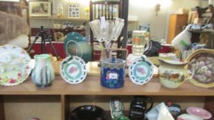 A mixed lot including biscuit barrel, jug, vase and plates.