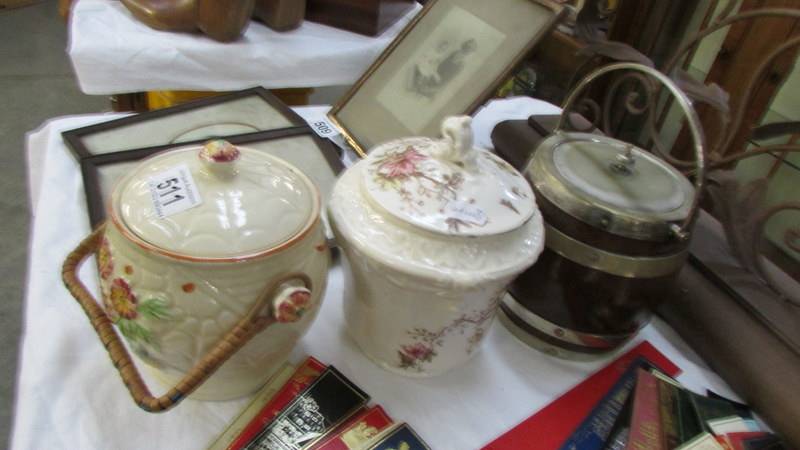 Two ceramic biscuit barrels and an oak biscuit barrel. - Image 2 of 2