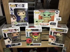 Five boxed Pop Vinyl figures including The Child, Luke Skywalker & Yoda and three others.