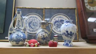 Three pieces of oriental blue and white and other oriental items.