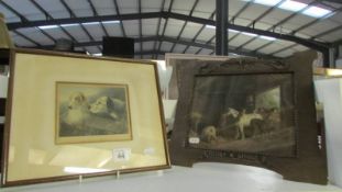 A Heywood Hardy Setters at work coloured engraving and a print of horses in stable in a carved oak