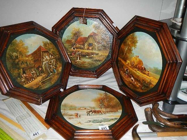 A set of four farming scenes in octagonal mahogany frames.