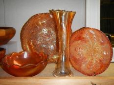 Three carnival glass bowls and a vase. (Collect only)