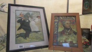 A framed and glazed tennis print and a framed and glazed Nelson advertisement.